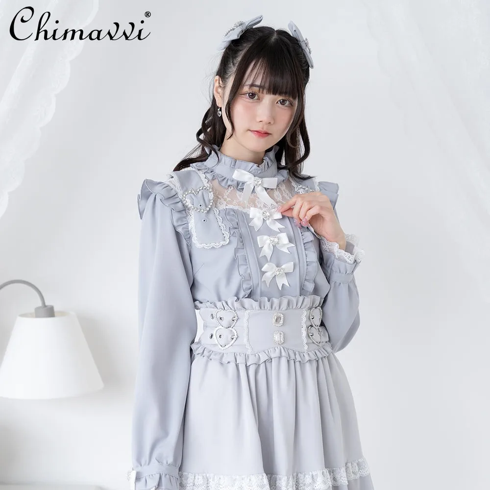 Japanese Lolita Shirt Spring and Autumn Sweet Girl Women's Fungus Edge Strap Hollow Lace Exquisite Bow Shirt Rhinestone Blouses