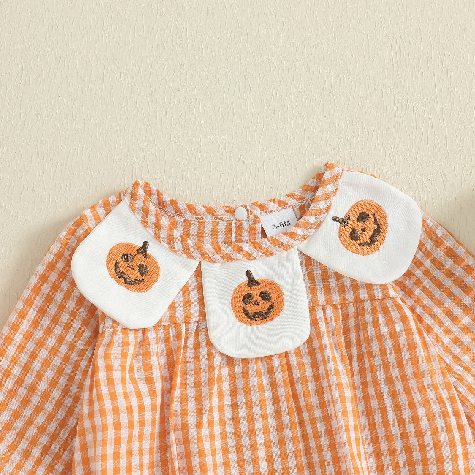 

Tregren 0-18M Newborn Infant Baby Girls Rompers Halloween Clothes Pumpkin Embroidery Plaid Long Sleeve Bodysuits Jumpsuits
