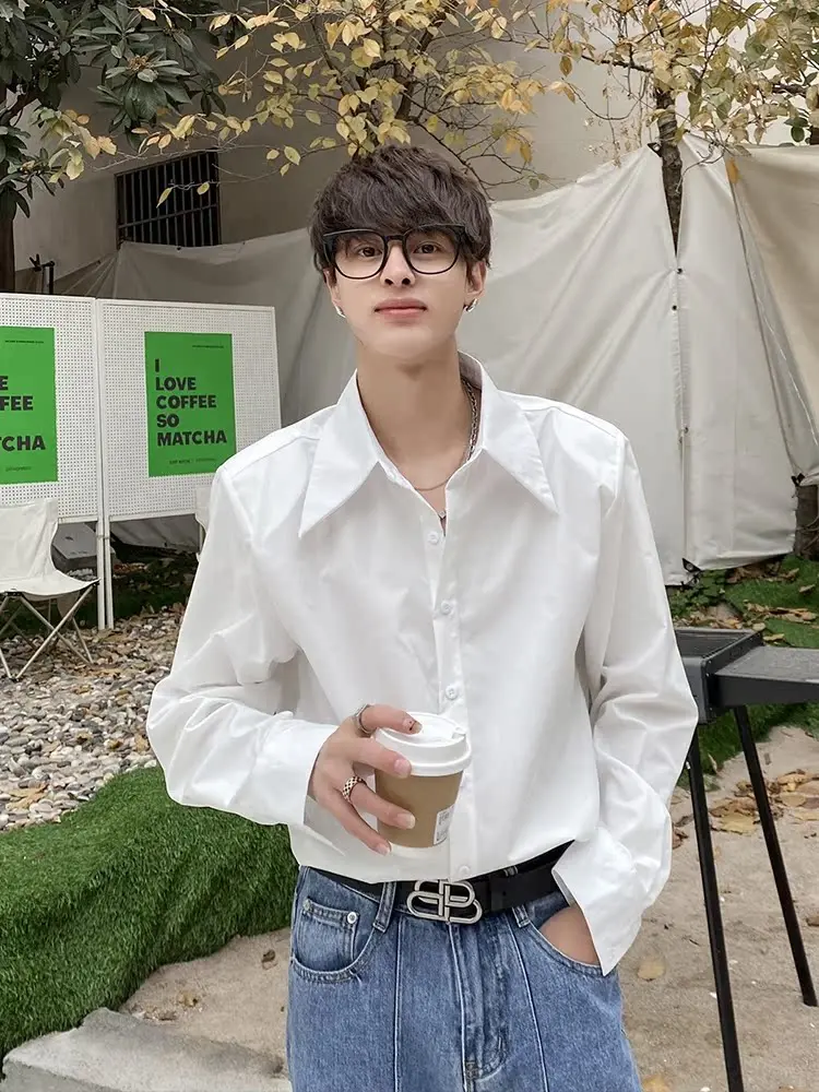 

White Padded Shoulder Men's Shirt Tie Design Loose Fit Korean Style Spring Autumn New Fashion Trend Youth Popular Button up