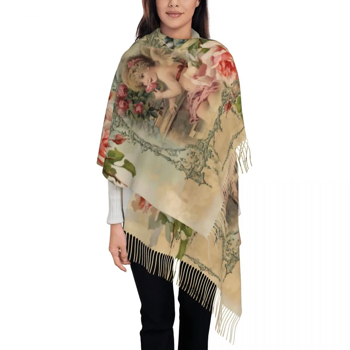 Custom Victorian Angel Vintage Rose Tassel Scarf Women Soft Shawls Wraps Ladies Winter Scarves