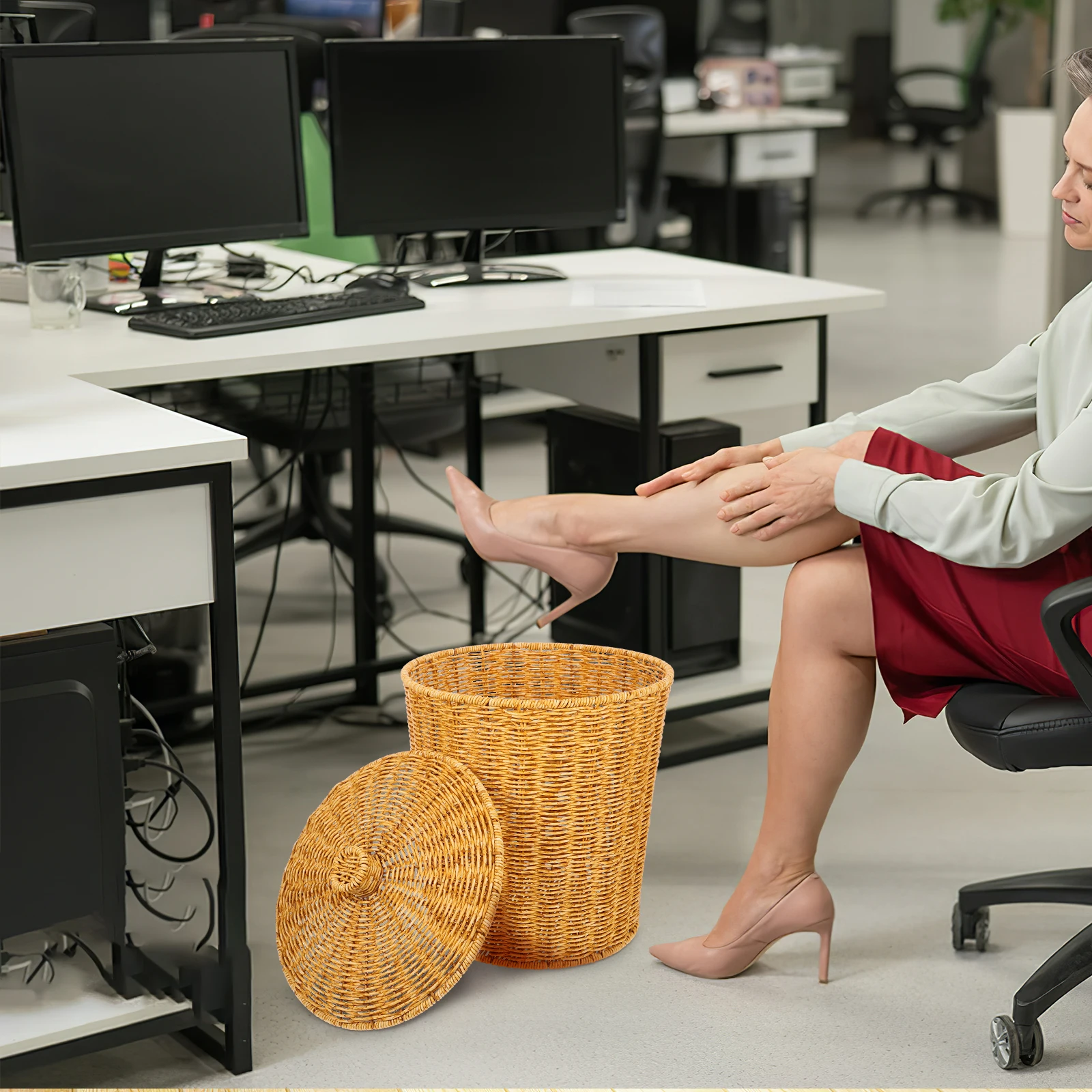 

Trash Can 28x33.5 Shallow Brown Lid Home Retro PP Imitation Rattan Woven Storage Basket Bedroom Office Laundry Room Desktop