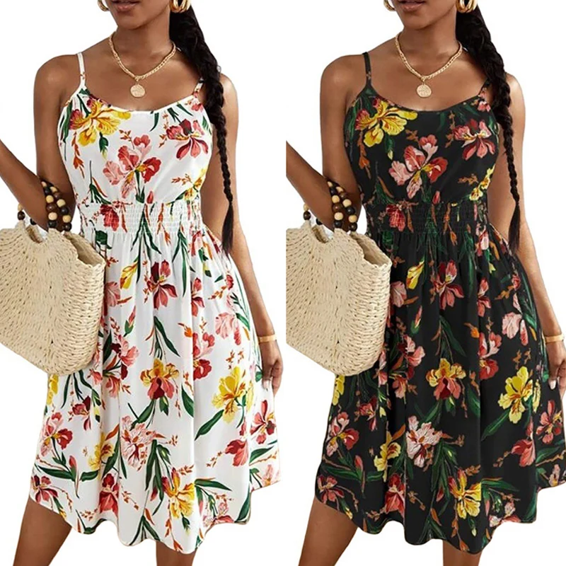 

New European and American women's sleeveless short skirt, round neck pullover print, loose suspender dress