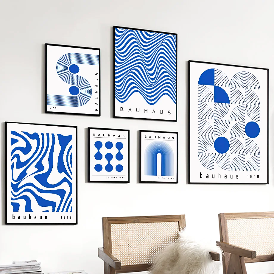 Frameless canvas paintings,Blue Bauhaus Geometric Line Rainbow Abstract Posters And Print Wall Art Canvas Painting Hotel Bar Pic