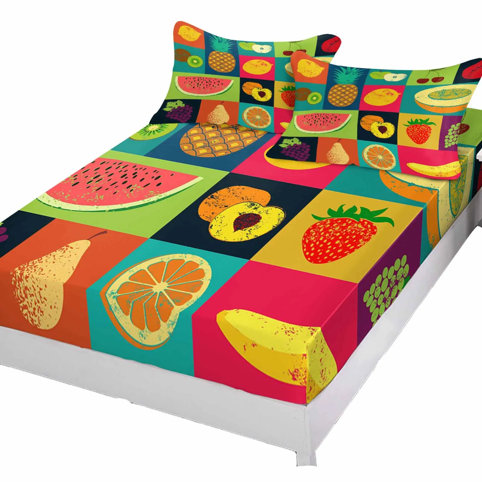 Fruit Pop Art Retro Fitted Bed Sheet Cover Elastic Band Anti-slip Mattress Protector for Single Double King