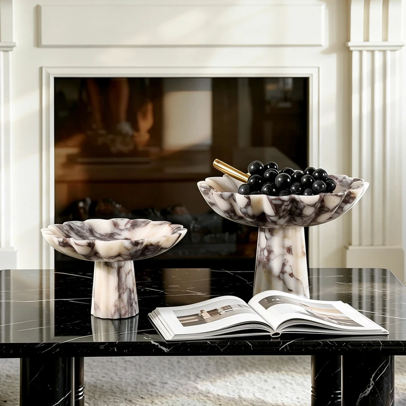 Calacatta Viola Marble Pedestal Fruit Bowl Ruffled Edge Stone Tray Luxury Snack Jewelry Storage Dish for Living Room Home Decor
