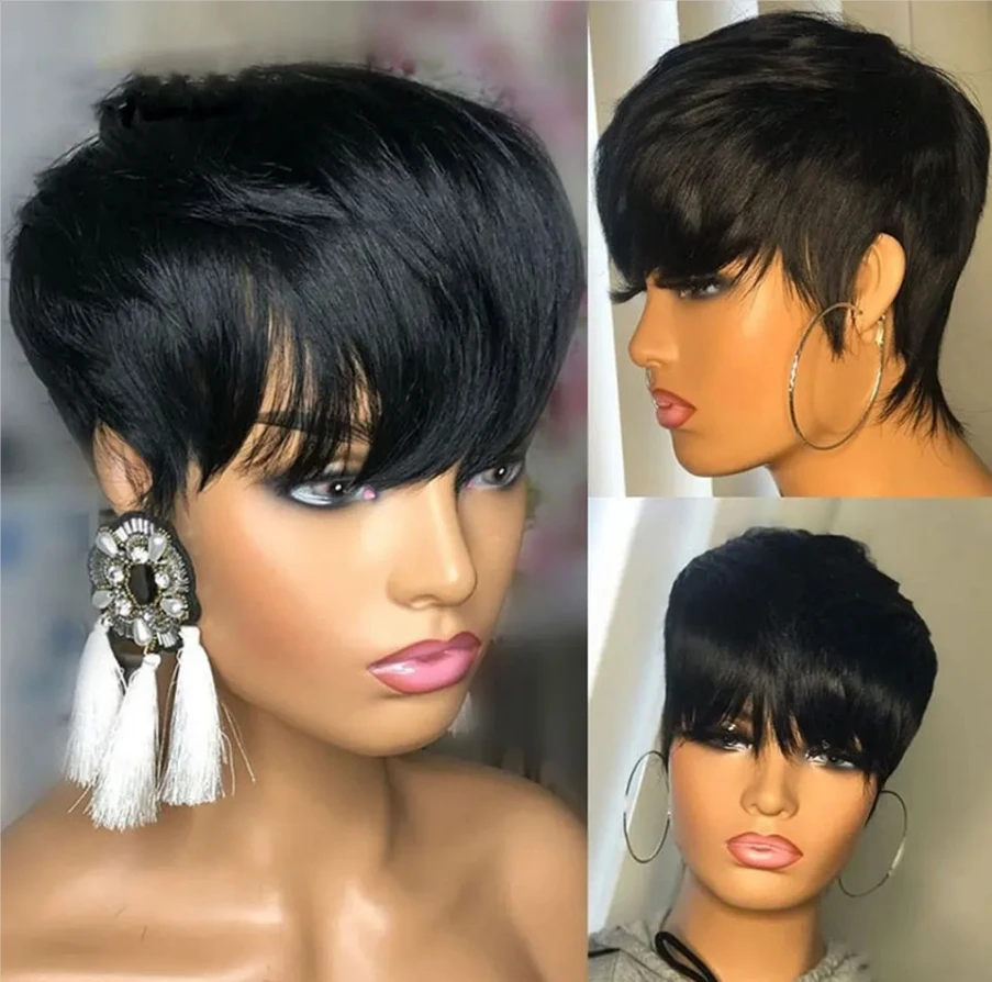 SEVENMOONS Pixie cut Straight Human Hair Short Bob Wig Cheap Remy Human Hair for Black Women Full Machine Made Wig For Daily Use