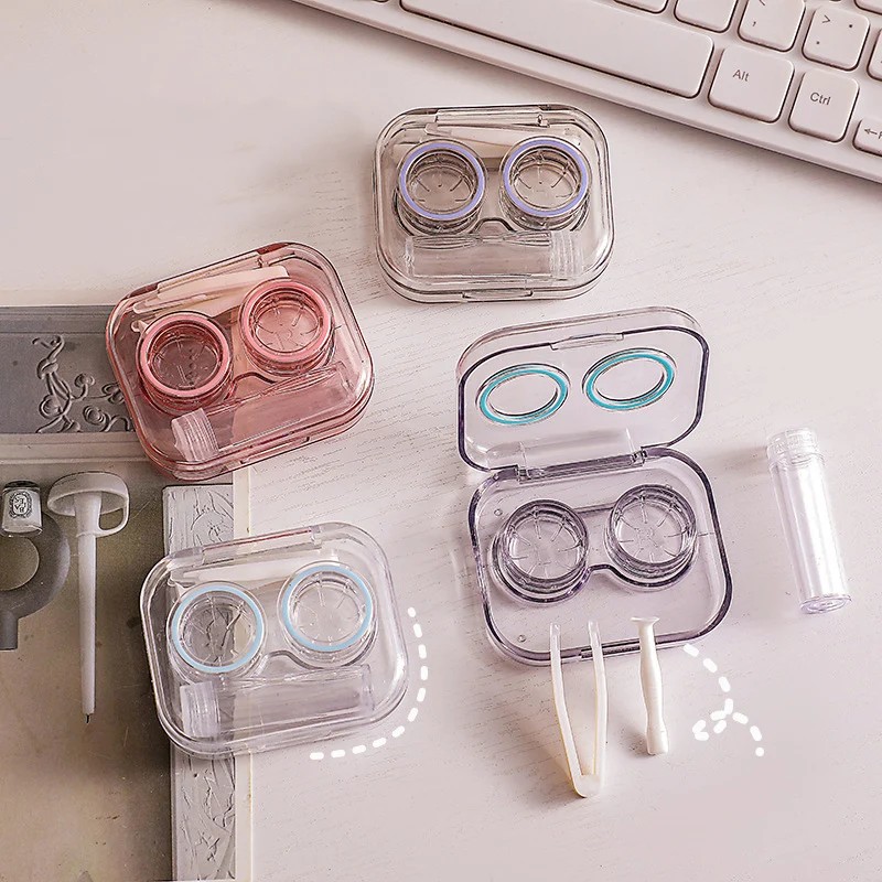 Random color Clear Glasses Cosmetic Contact Lenses Cases Containers with Tweezers Contact Lens Box for Women Contact Lenses Case