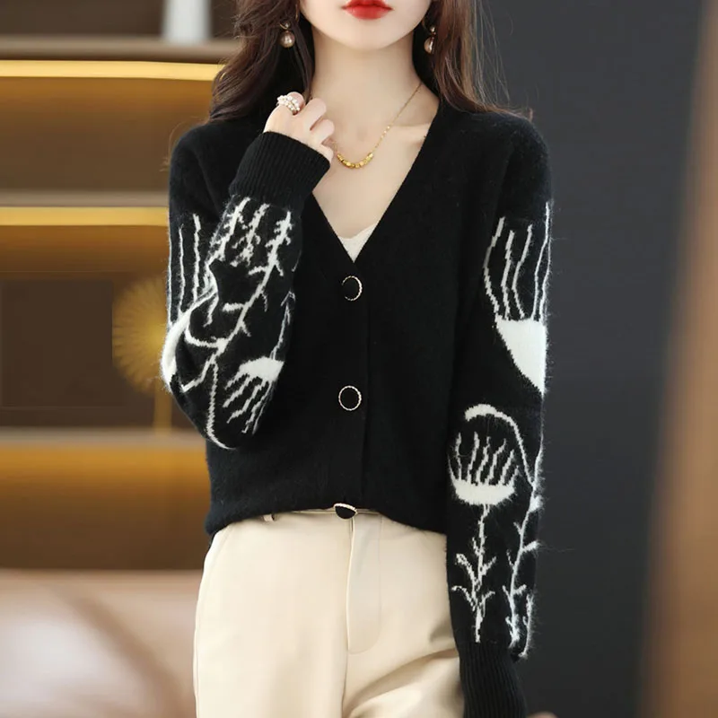 여성용 니트 스웨터 여성 가디건 브이넥 자카드 니트 스웨터 가디건 여성 상의 신상 긴팔 니트웨어 Q2624