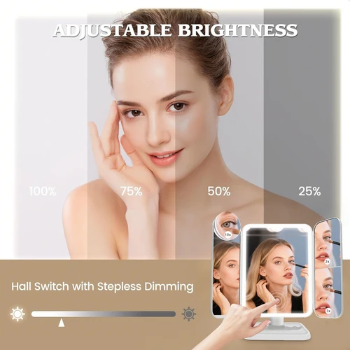 Imagen 2 del producto Espejo de maquillaje iluminado con aumento 2X/3X/10X Espejo de tocador triple recargable con luces de 3 colores Regalos ideales para mujeres