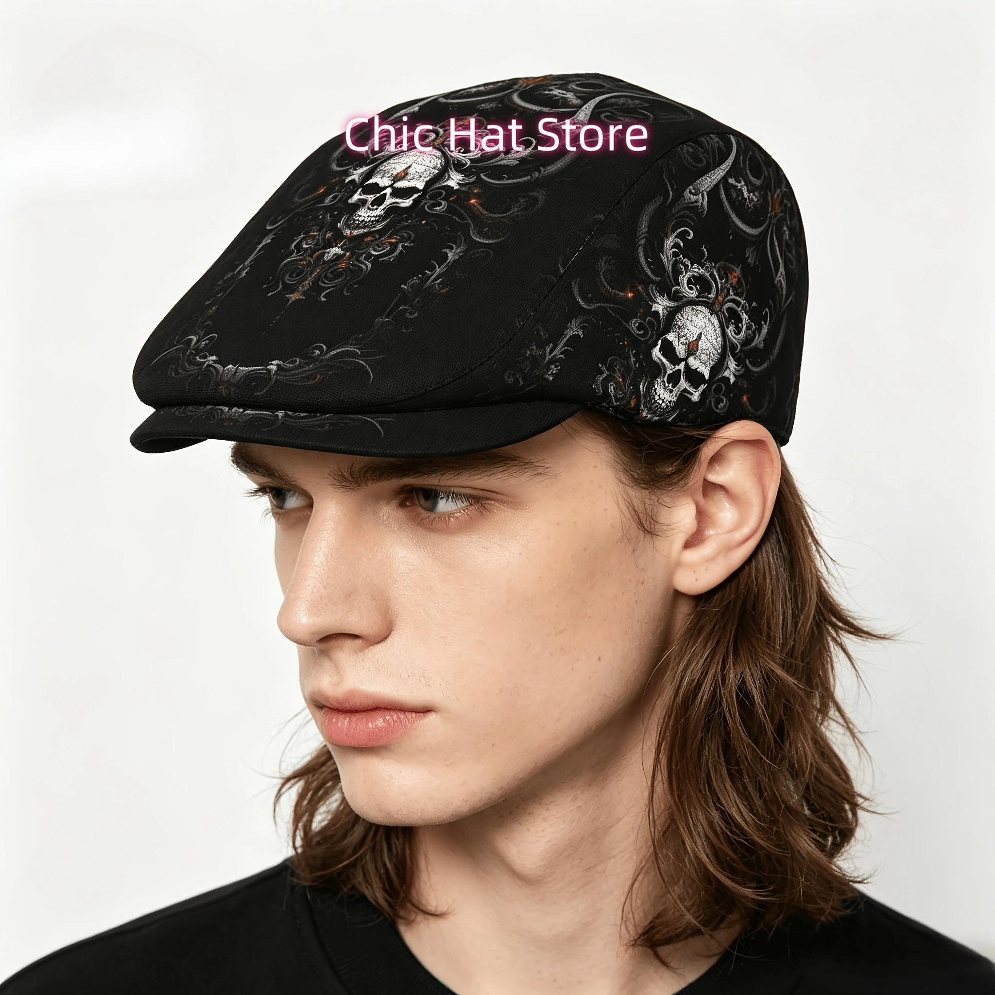1pc Ornate Skull Art All-over Print Flat-top Hats for Men and Women, Newsboy Caps, Berets, Irish Hats, Driver Caps, Retro Hats,
