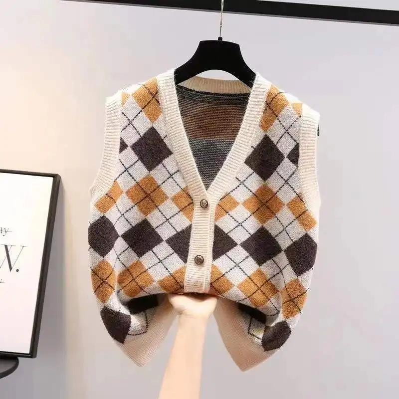 Damska modna Vintage Classic Argyle Y2K jednorzędowy sweter sweter kamizelka damska V Neck bez rękawów luźna kamizelka z dzianiny