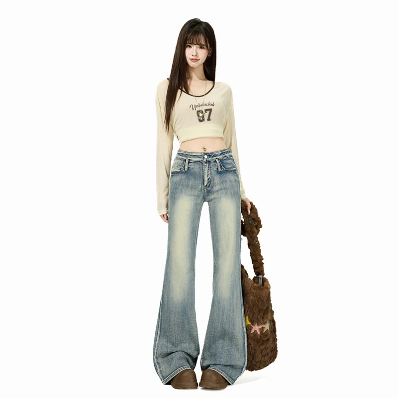 

American washed micro flared jeans for women in the autumn of 2025, plus plus size, fat, low waist, slim fit straight leg pants