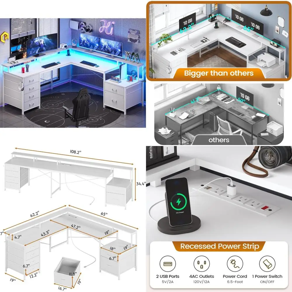 โต๊ะทำงานรูปตัว L พร้อมลิ้นชัก 6 ช่อง ขนาด 108 นิ้ว สำหรับโฮมออฟฟิศ พร้อมที่เก็บเอกสารและปลั๊กไฟ โต๊ะคอมพิวเตอร์เข้ามุมพร้อมช่องวางจอ