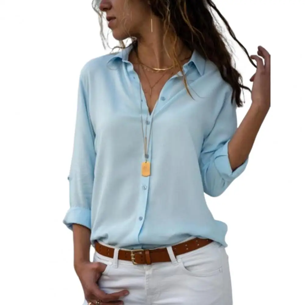 

Women Blouse Elegant Women's Chiffon Shirt with Lapel Collar Long Sleeves Single Breasted Design Solid Color Thin for Office