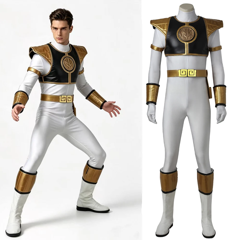 Tommy Oliver Cosplay Halloween Superhero Rangers Costume Zentai Jumpsuit White Tyranno Soldier Uniform Battle Armor Bodysuit