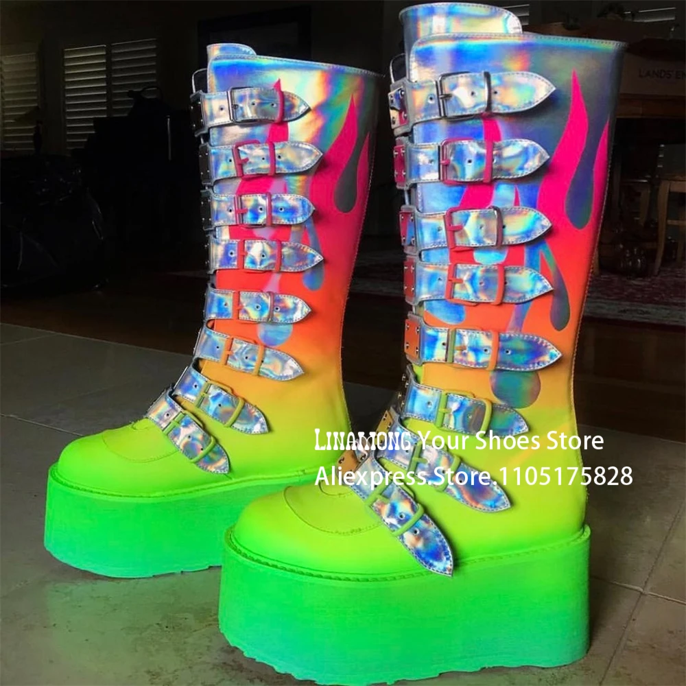 Flame-Patterned Platform Wedge Boots Multiple Buckles Gradient Color Knee High Boots Fashion Style Smacked Platform Women Boots