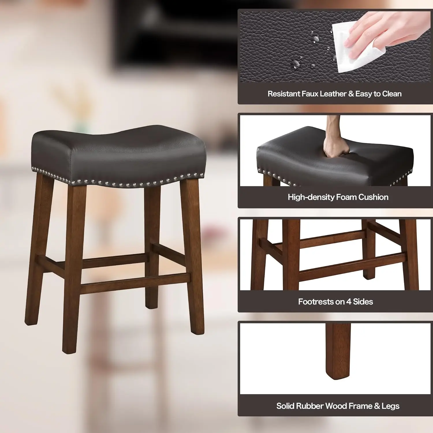 24' Backless Bar Stools Set of 2 - Modern Brown Faux Leather Counter Height Stools