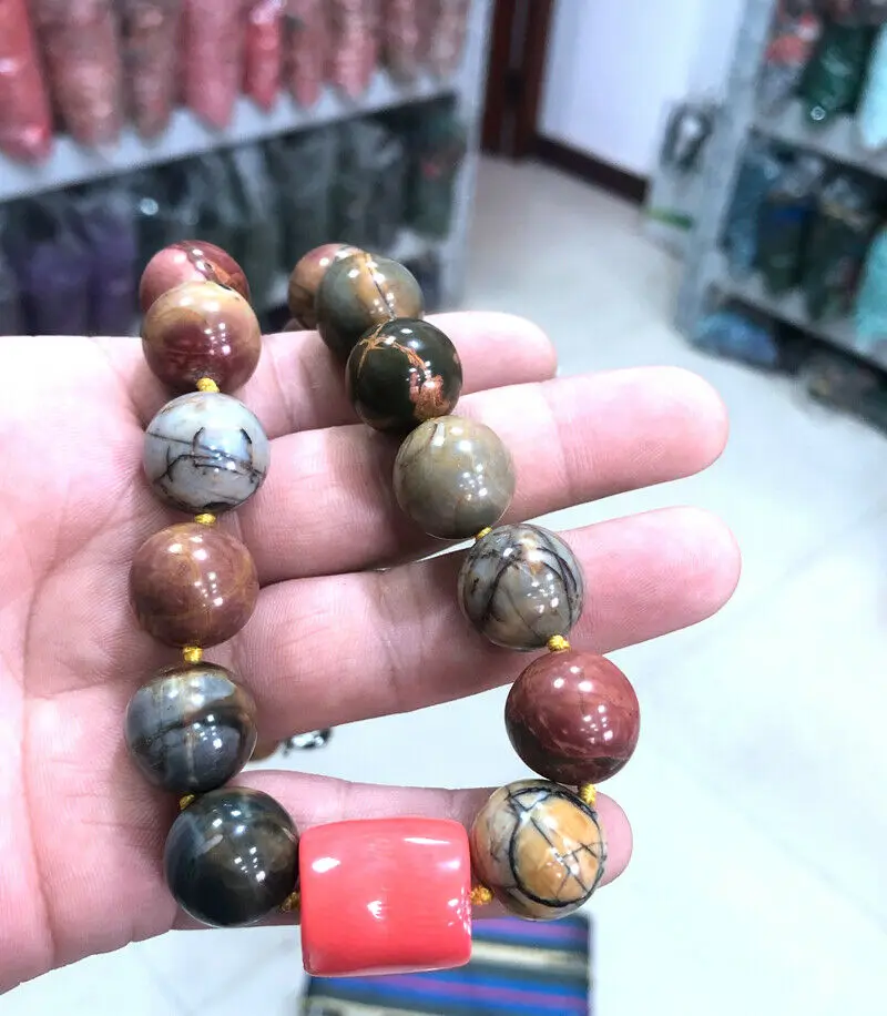 Natural 16mm Multi-color Picasso Jasper Round Gemstone Coral Necklace 18-25