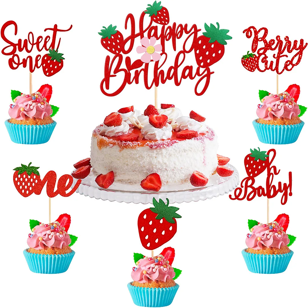 Truskawkowe ciasto Topper flagi dekoracje na przyjęcie urodzinowe wykaszarki do ciastek dzieci 1. urodziny Baby Shower dekoracje do pieczenia ciast