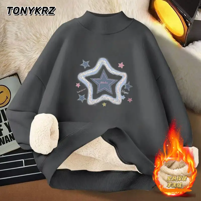 Moletom com capuz de lã de cordeiro com estampa de estrelas para mulheres com gola semi alta e blusa quente
