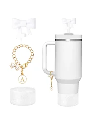3pcs Accessories Set for Stanley Tumbler with Handle 1cm Straw Topper Cover Diamond Butterfly Charm Glitter Silicone Boot-White