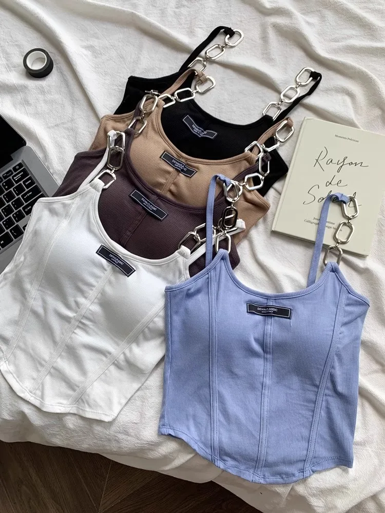Y2k corrente punk gótico camis colete inferior com sutiã copo sexy quente feminino verão regata streetwear sólido verão branco azul roupas