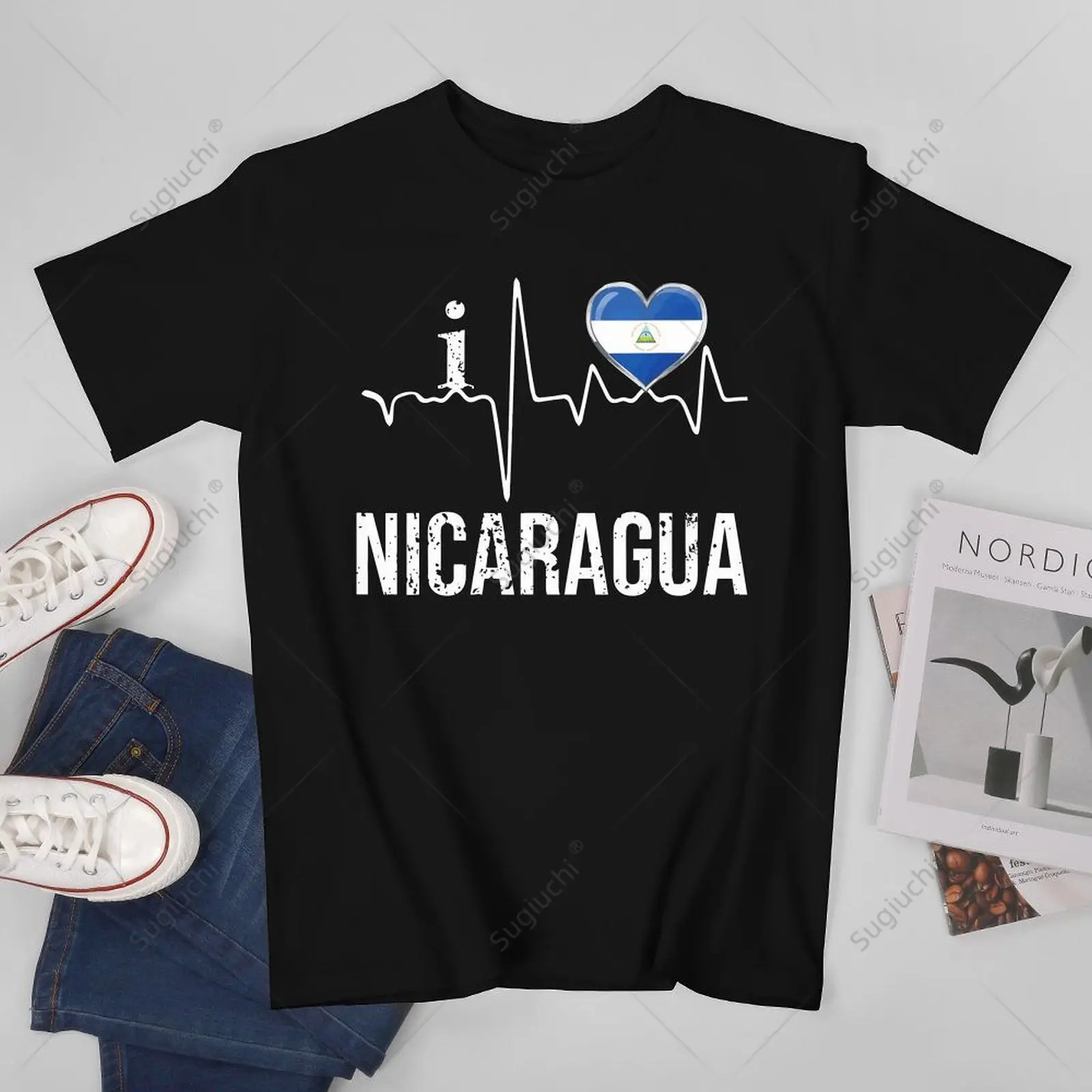 Unisex Men Heartbeat for Nicaraguan Pride Nicaragua Flag Map Tshirt Tees T Shirts Women Boys 100% Cotton T-Shirt