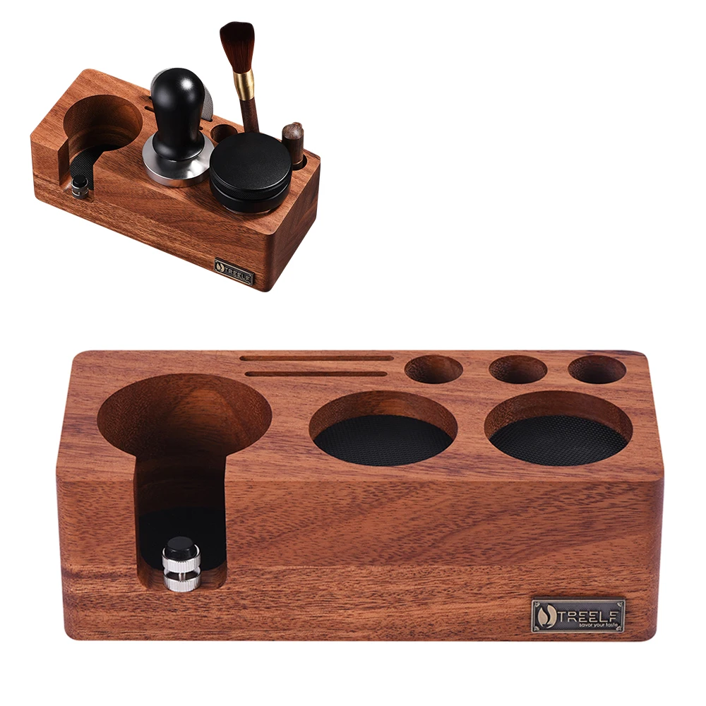 Walnut Espresso Tamping Station 54mm 58mm Espresso Machine Portafilter Stand Base Adjustable Height 3-in-1 Coffee Tamper Station