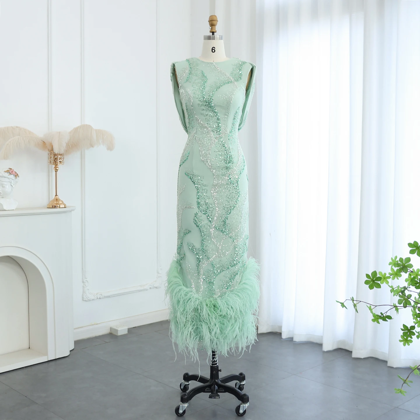 

Luxury Feather Sage Green Arabic Evening Dresses Criss Cross Back Midi Formal Wedding Party Gowns SZ436