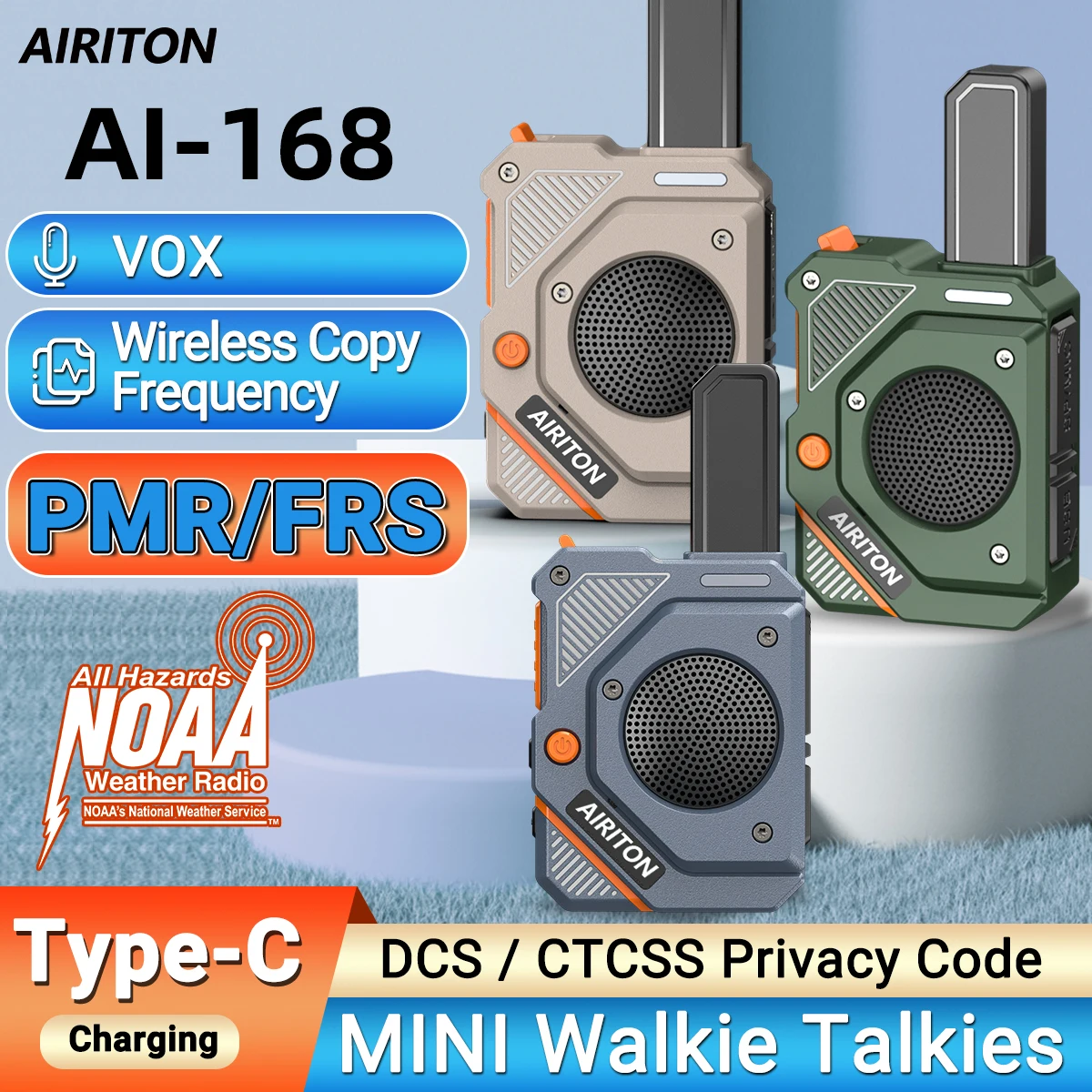 AIRITON AI-168 ミニトランシーバー PMR/FRS 無線コピー周波数 VOX クリアサウンド NOAA Type-C 充電 ポータブル屋外ハムラジオ