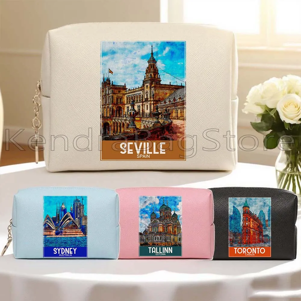 

Seville Sydney Tallinn Tokyo Toronto чернила акварельная живопись искусственная кожа дорожная косметичка женская косметичка водонепроницаемая косметичка