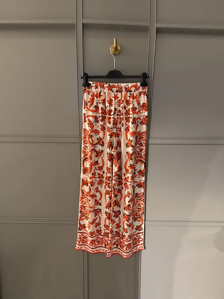 Spring Summer Fashion Daily Casual Geometric Print Silk Wide Leg Pants Women's Elastic Waist Pocket Loose Vintage Trousers