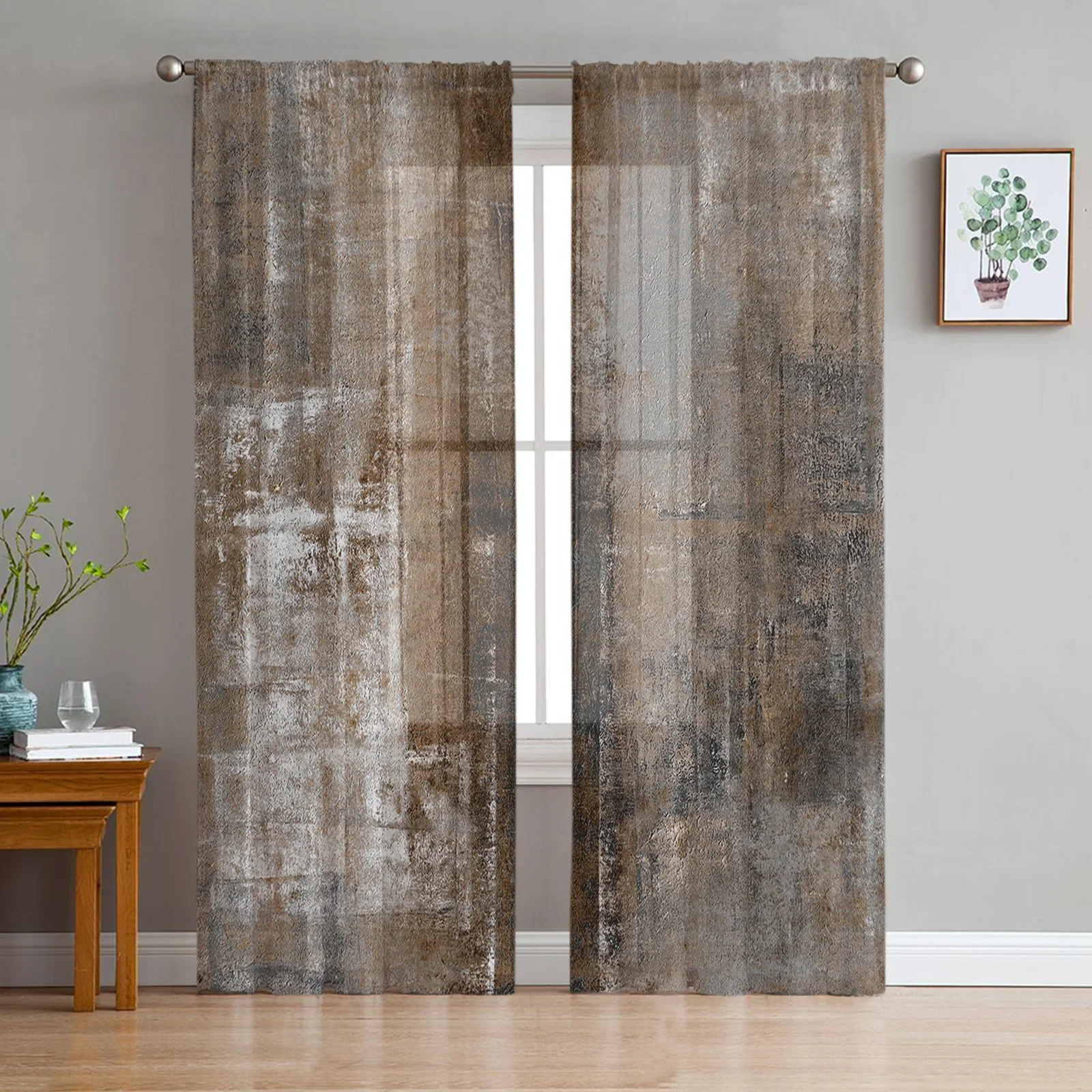 Vintage Country Style Oil Painting Texture Abstract Sheer Curtains Living Room Kitchen Decoration Tulle Voile Window Curtain