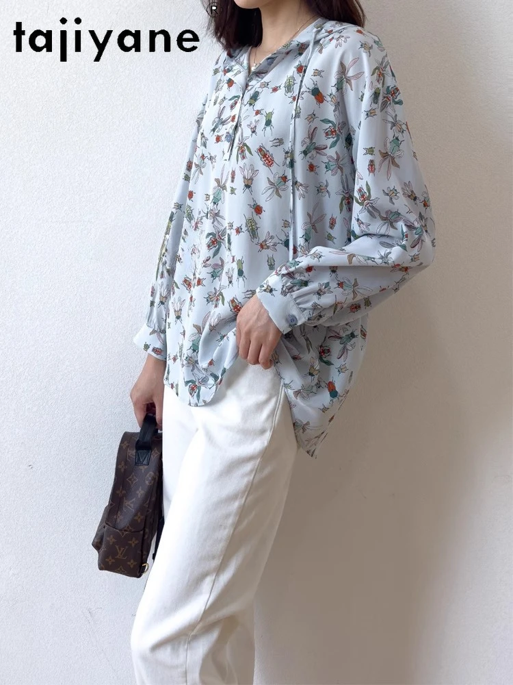 TAJIYANE 100% Echte Moerbei Zijde T-shirts Vrouw Elegante T-shirt met lange mouwen en capuchon Zomer Tops 2025 Dameskleding Ф libre