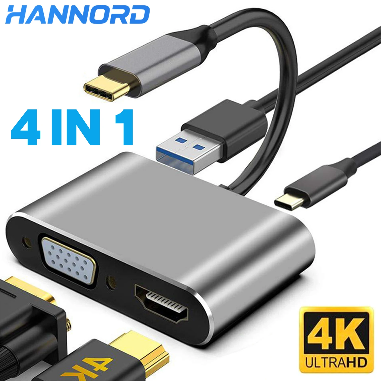 

Концентратор Hannord Type C 4 в 1, USB C — HDMI-совместимый порт VGA USB3.0 PD, адаптер 2 в 1, конвертер для ноутбуков, планшетов, доступны