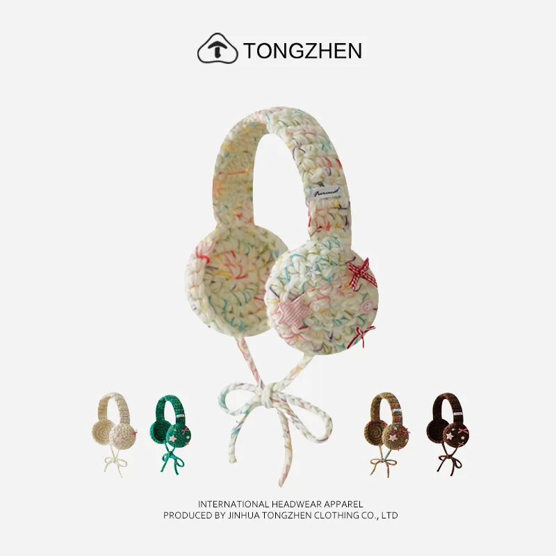 

Осенние и зимние шерстяные наушники со звездами и бантом для женщин с ремешками и наушниками, теплые и защитные наушники для ушей