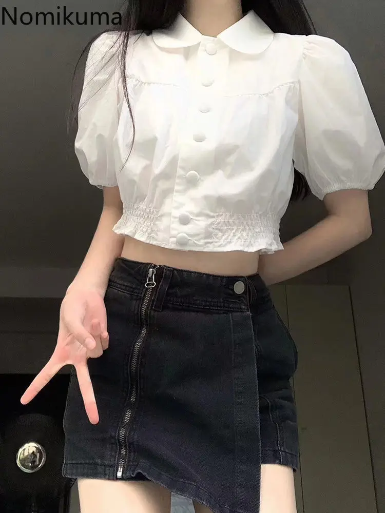 White Crop Tops Korean Blouses for Women Puff Sleeve Single Breasted Tunic Shirts 2024 Blusas Mujer De Moda Summer Sweet Blouse