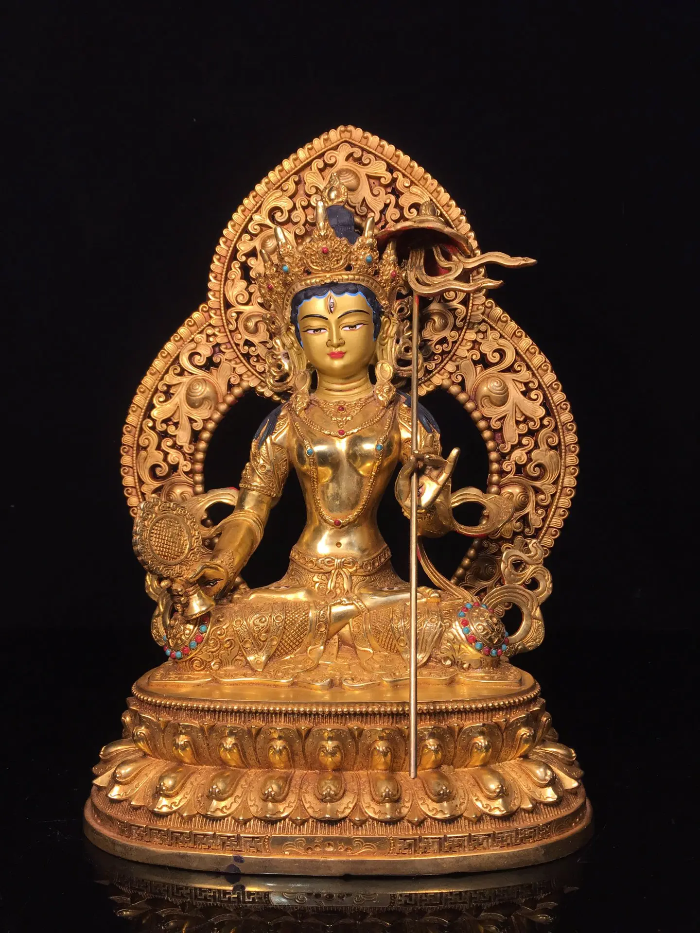 

13"Old Xizang Folk Collection Old Bronze Gilded Painted Face Mosaic Gem Usnisa-sitatapatra Lotus Terrace Buddha Backlight