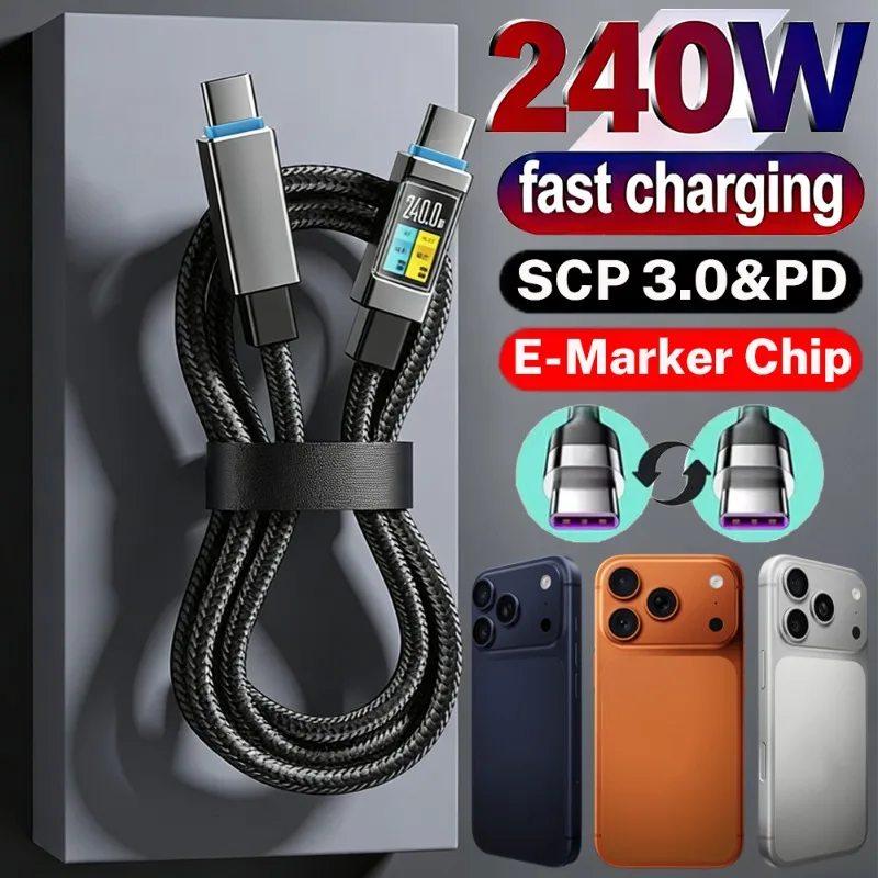 

240 Вт PD Кабель для быстрой зарядки типа C к типу C Высокоскоростной кабель USB C в нейлоновой оплетке для HUAWEI Macbook iPhone 17 16 15Pro Max