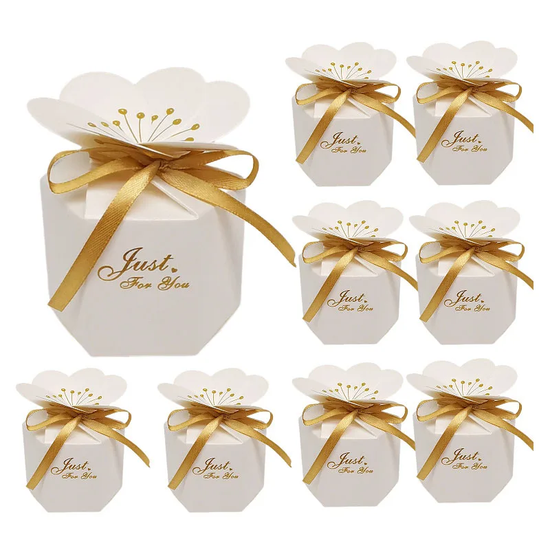 10/20Pcs Hexagonal Paper Candy Gift Box With Ribbon Hot Stamping Wedding Favor Gift Packaging Boxes For Sweet Birthday Supplies
