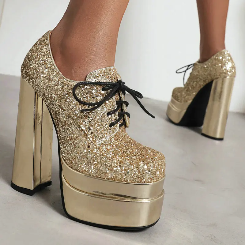 

Square Closed Toe Sequins Glitter Bling Bling Women Oxfords Pumps Gold Silver Red Platform Block High Heels Female Shiny Shoes