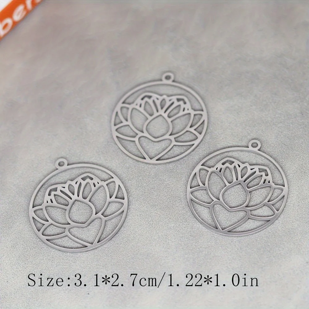 3pcs Lotus Flower Round Charms DIY Craft Earrings Necklace Jewelry Making Yogo Buddhism Stainless Steel Pendant