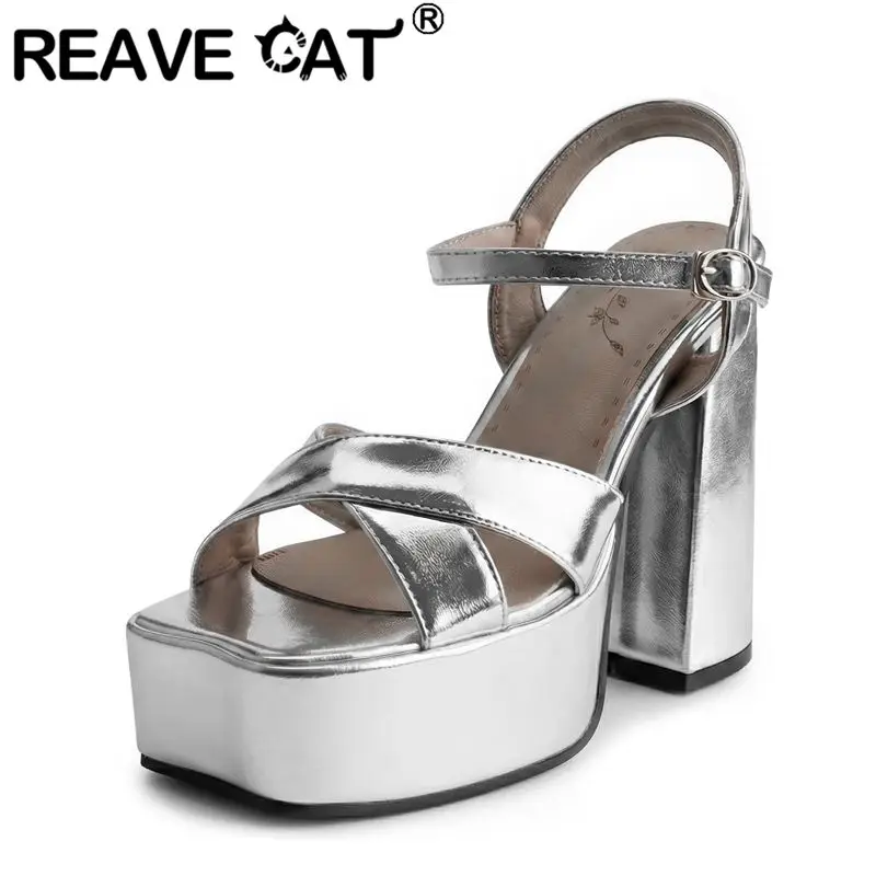 

REAVE CAT Gold Female Sandals Square Toe 12.5cm Block Heel 4.5cm Platform Buckle Strap Plus Size 41 42 43 Sexy Dating Lady Shoes