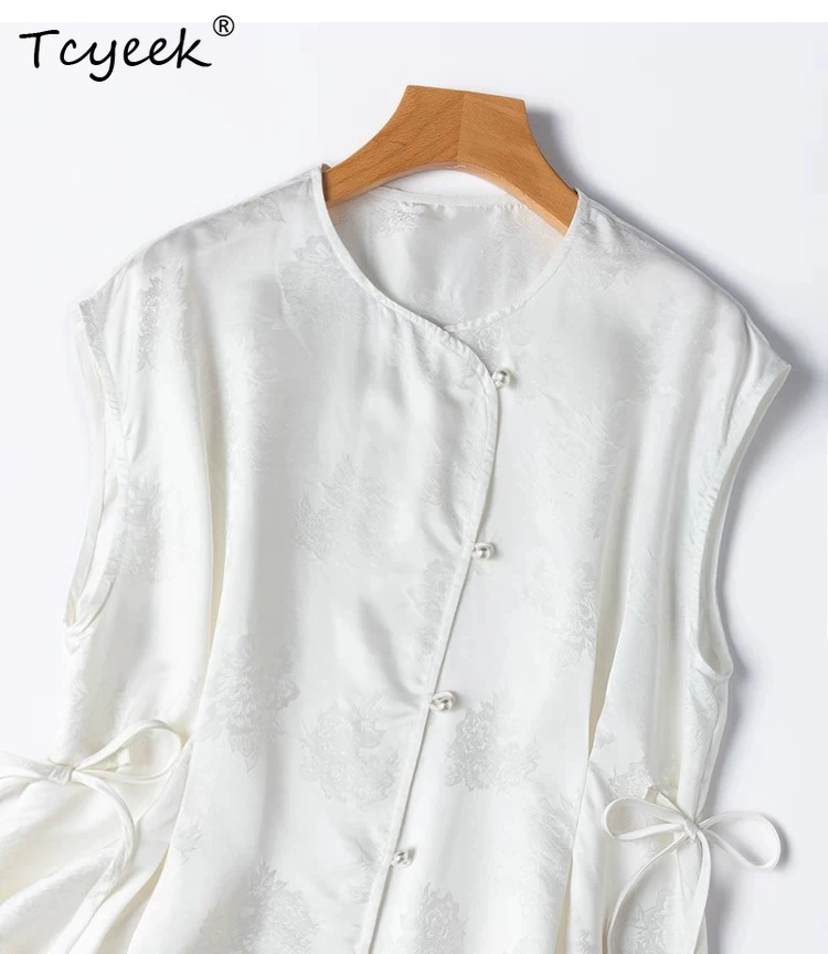 

Tcyeek 19MM 100% Real Mulberry Silk Shirt Fashion Ladies Tops Summer Clothes White Elegant Shirts Women O-neck Camisas De Mujer