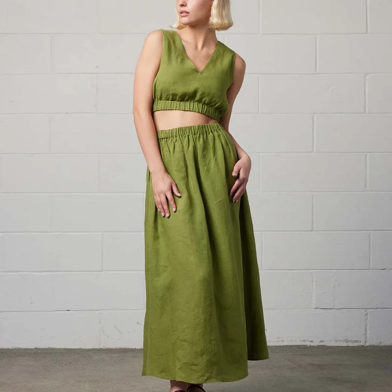 

Summer New Casual V-neck Tank Top High Waist Split Skirt Set Women's Fashion Ensemble High Quality Three-acetate Fiber Dress