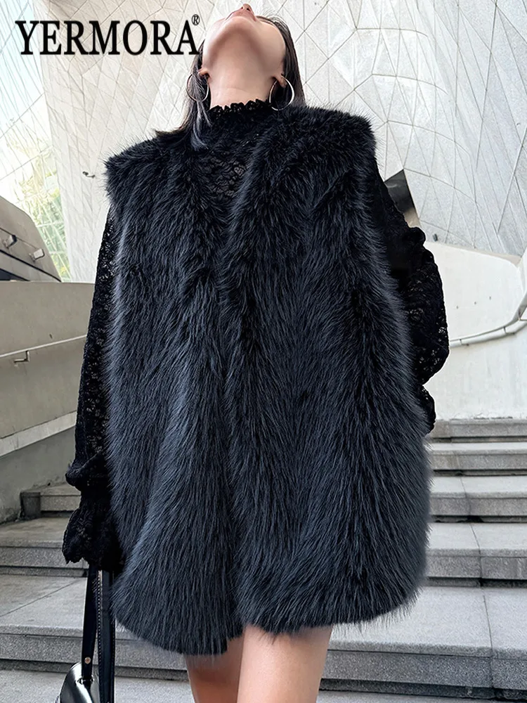 

YERMORA Women Brief Casual Warm Faux Fur Vest For Women V-Neck Long Sleeve Loose New Coat Fashion Tide Autumn Winter 2025