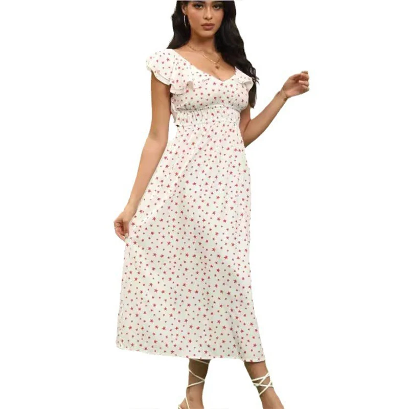 2024 Summer New Sweet Fashion V-neck Ruffle Casual Floral Slim Long Dress Women Boho Beach Vacation