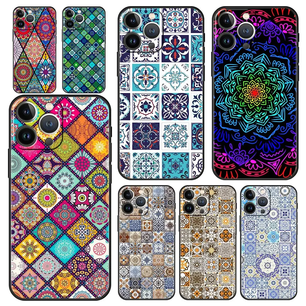 Mandala flor totem luxo caso de telefone para iphone 13 15 14 12 11 pro max xr x se xs 7 8 plus silicone preto capa proteção