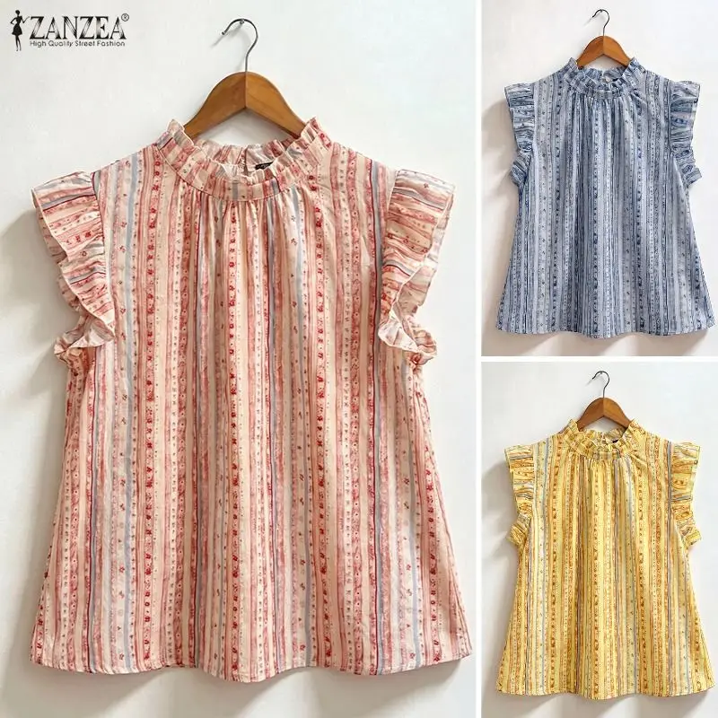 Summer Bohemian Holiday Blouse ZANZEA Women O Neck Flying Sleeve Printed Tops Casual Loose Beach Shirt Female Baggy Thin Blouses