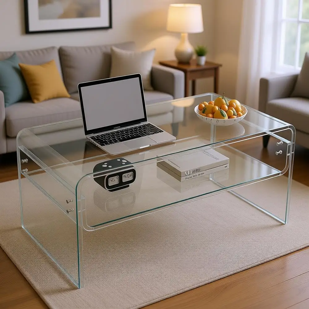 

Clear Acrylic Coffee Table with Open Storage for Living Room, Office, and Bedroom